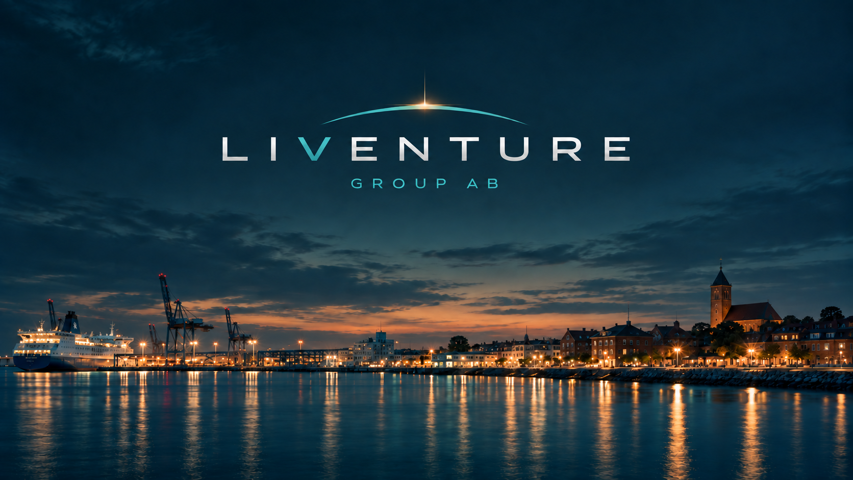 Liventure Group AB above a Trelleborg-inspired harbour at dusk
